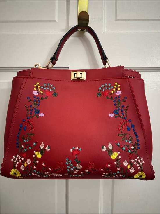 Handbags - Red Vegan Leather Embroidered Top Handle Bag
